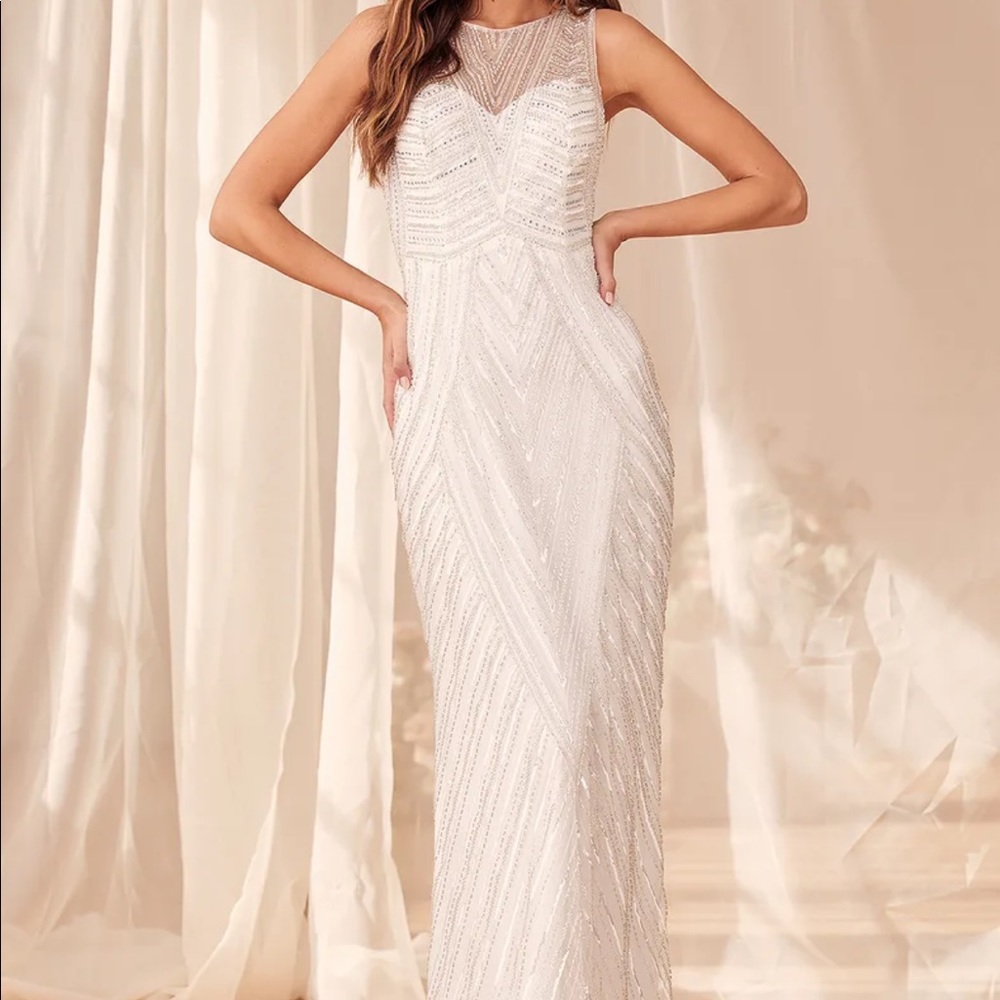 White and silver beaded sequin wedding dress- Luxe Bridal